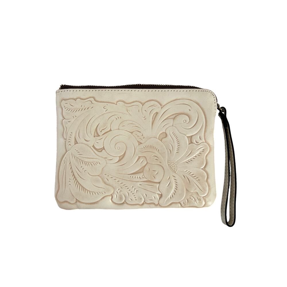 PATRICIA NASH WHITE EMBOSSED LEATHER WRISTLET